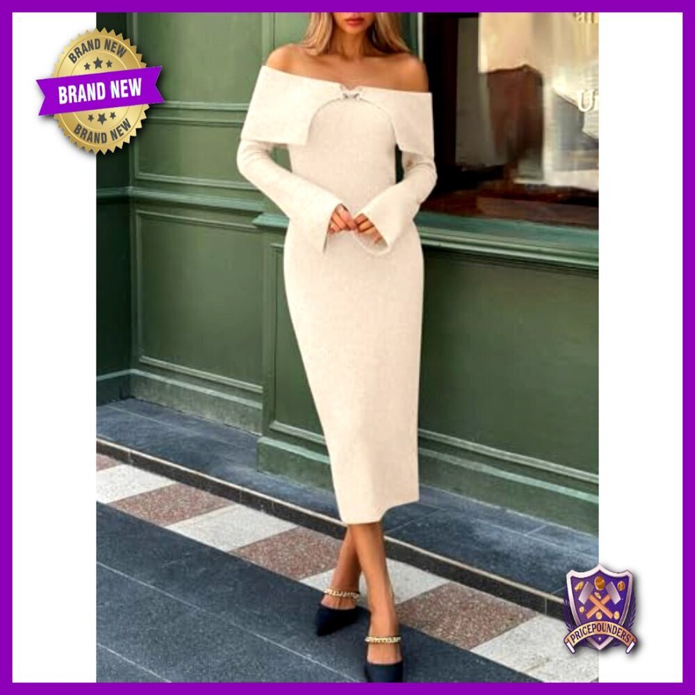 Off Shoulder Maxi Sweater Dress Long Sleeve Bodycon Ribbed Knit Elegant - Picture 2 of 7